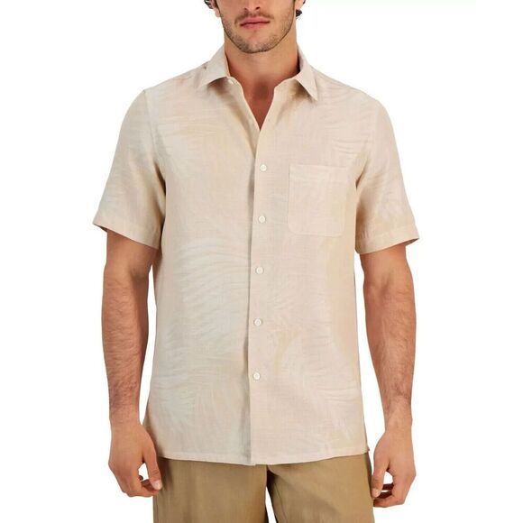 Club Room Shirt Men's Khaki Jacquard Elevated Palm Short Sleeve Button Up MXX123 - Picture 4 of 9